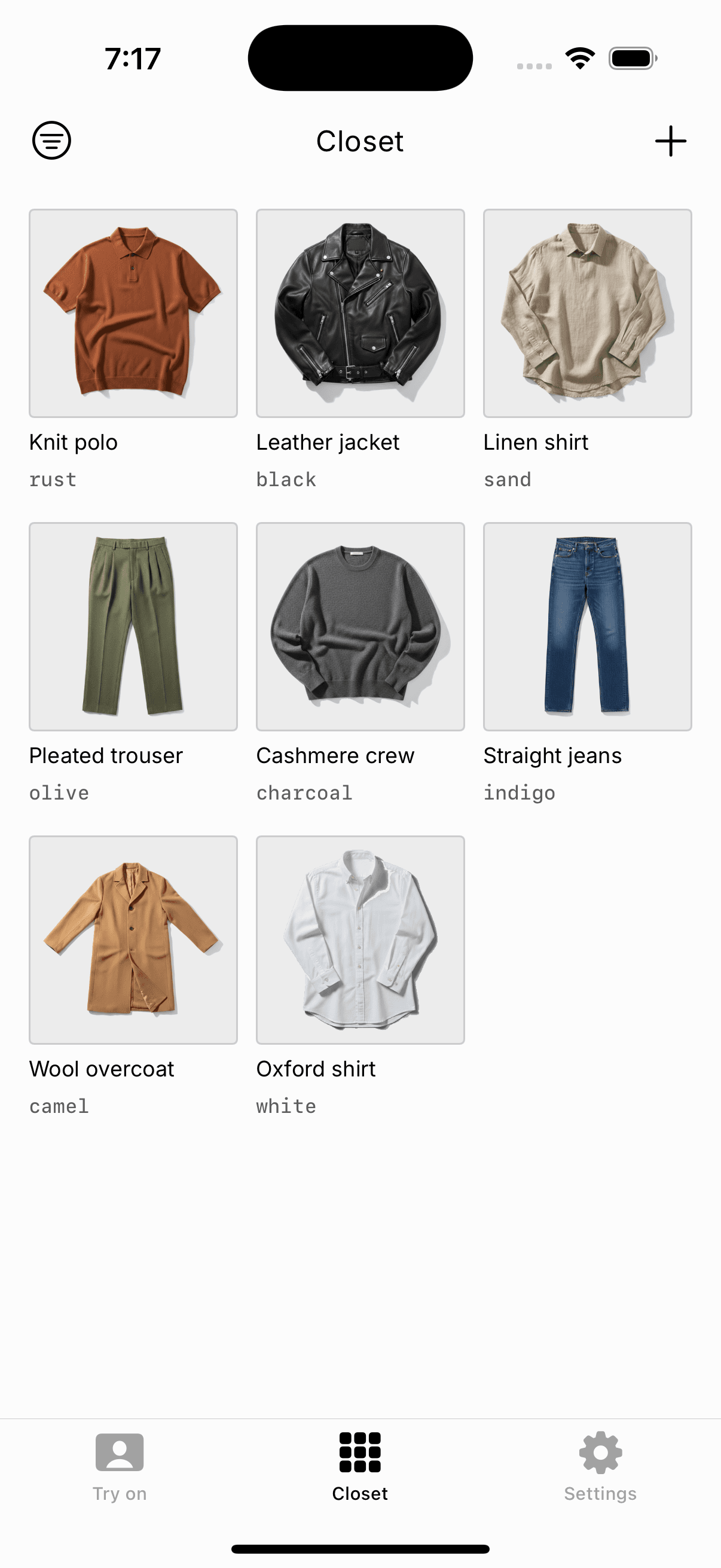 Lapel closet screen: a grid of garments, each automatically labelled with its name and colour