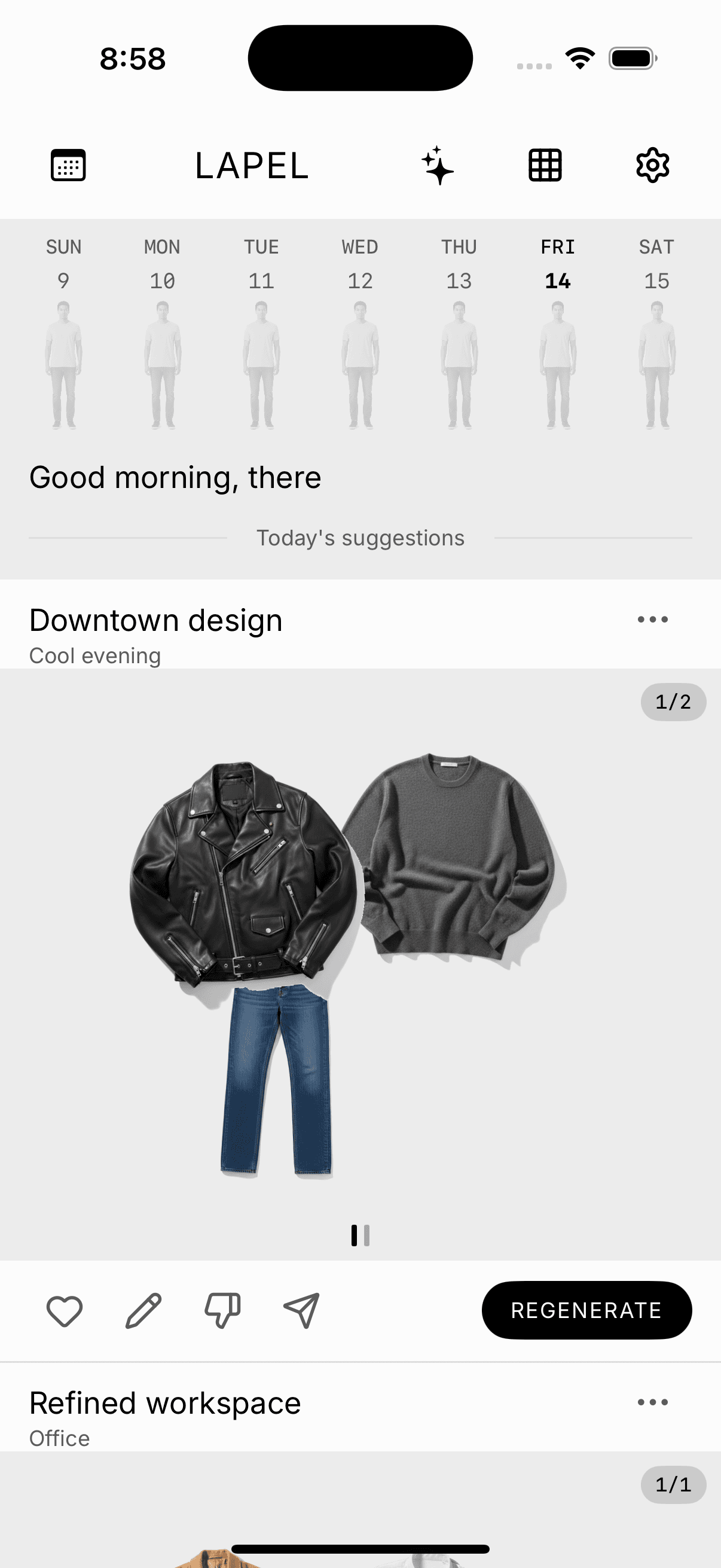 Lapel home feed with a week strip and a suggested outfit titled Downtown design